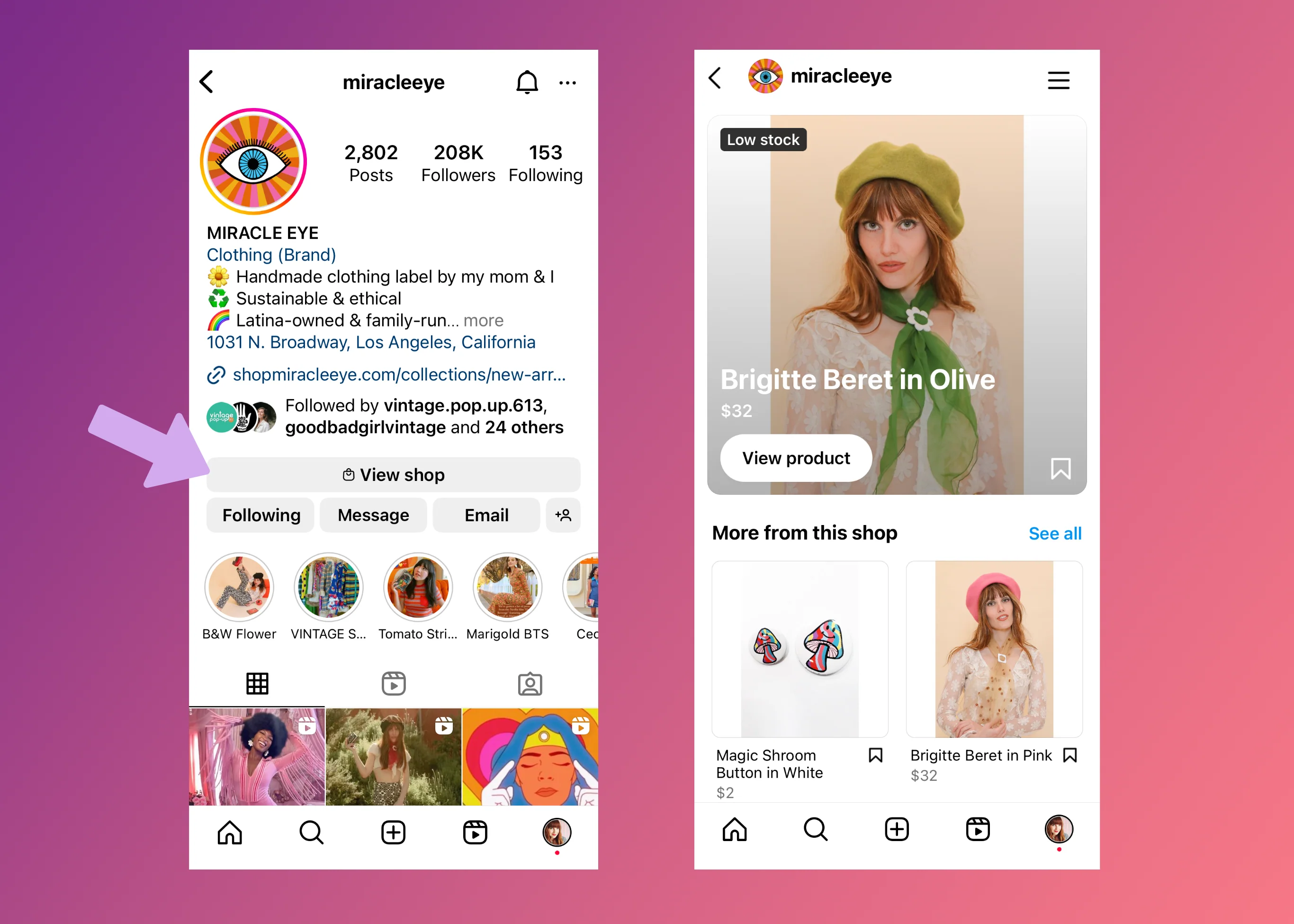Side by side views of Instagram Shop in a mobile view