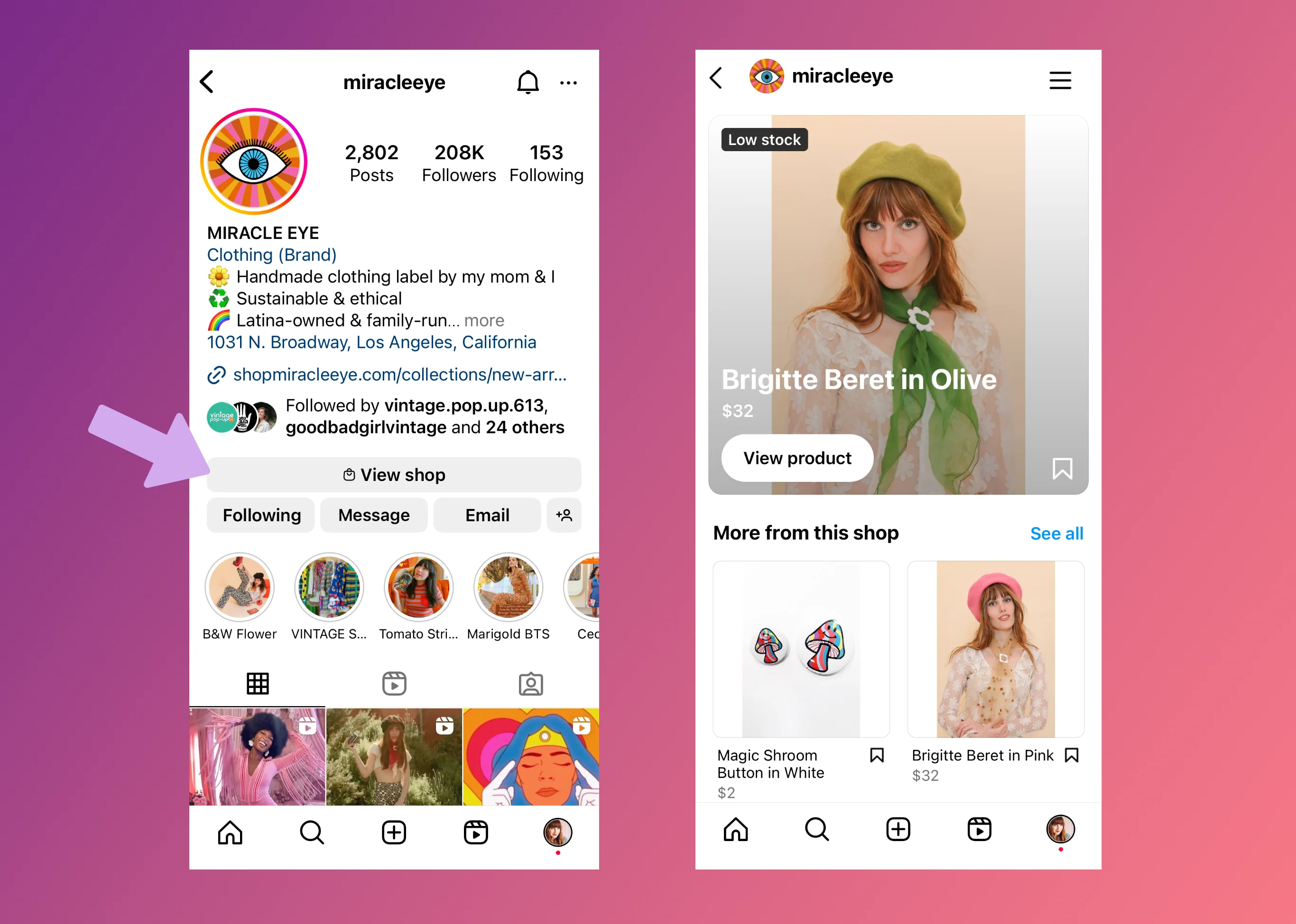 Vue mobile côte à côte des fonctionnalités de la boutique Instagram de Miracle Eye