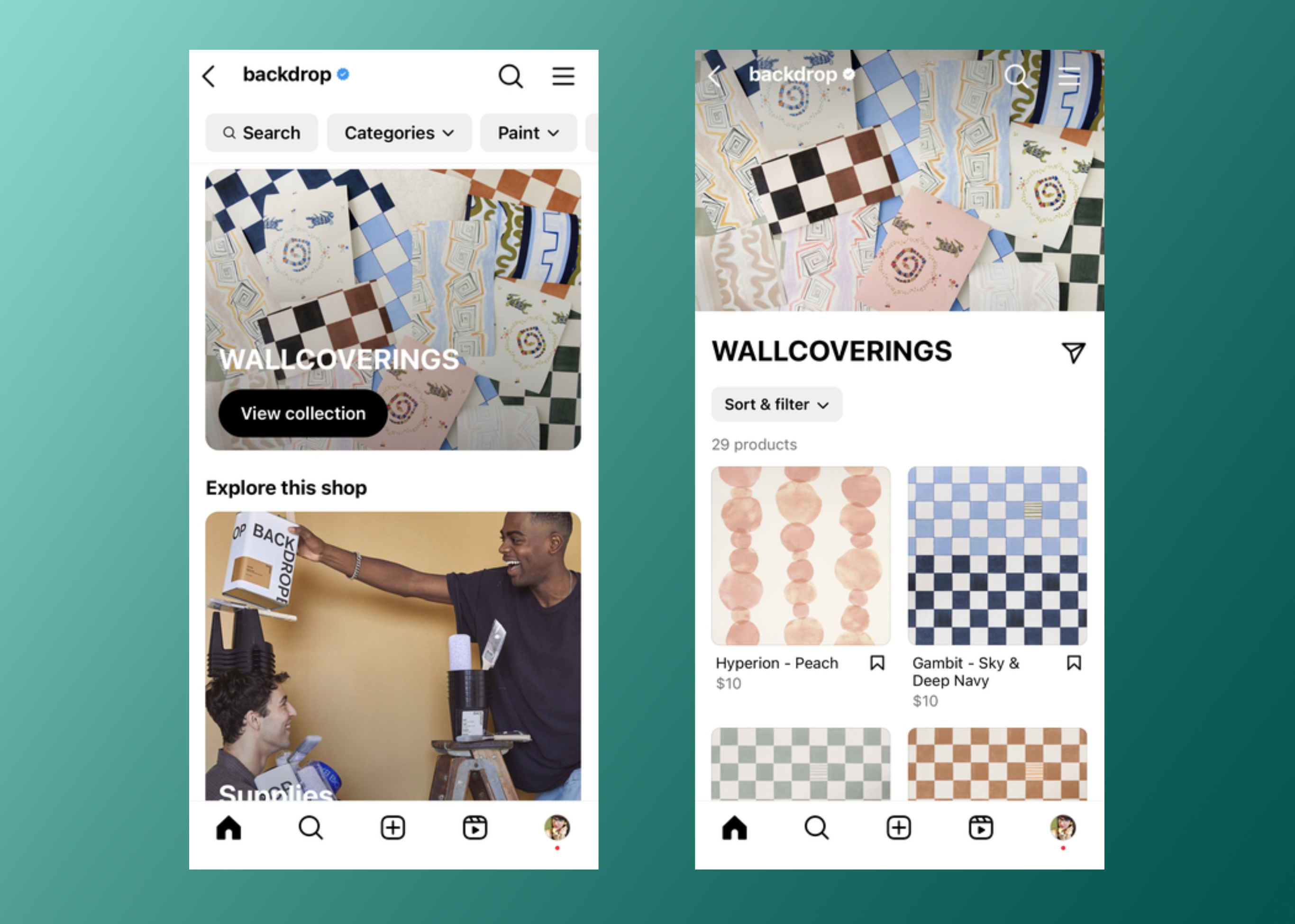 Side by side panels showing an Instagram shop for wallpaper brand Backdrop