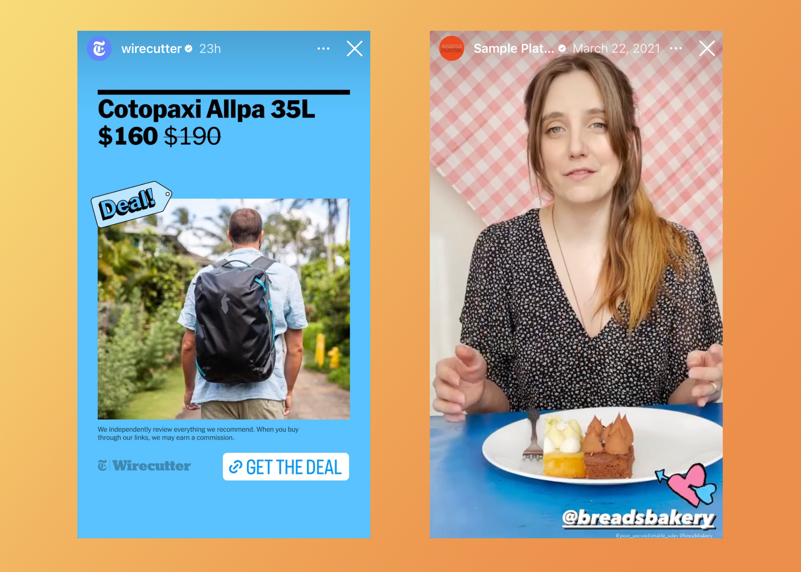 Instagram Story examples showing the tool used to share an affiliate link