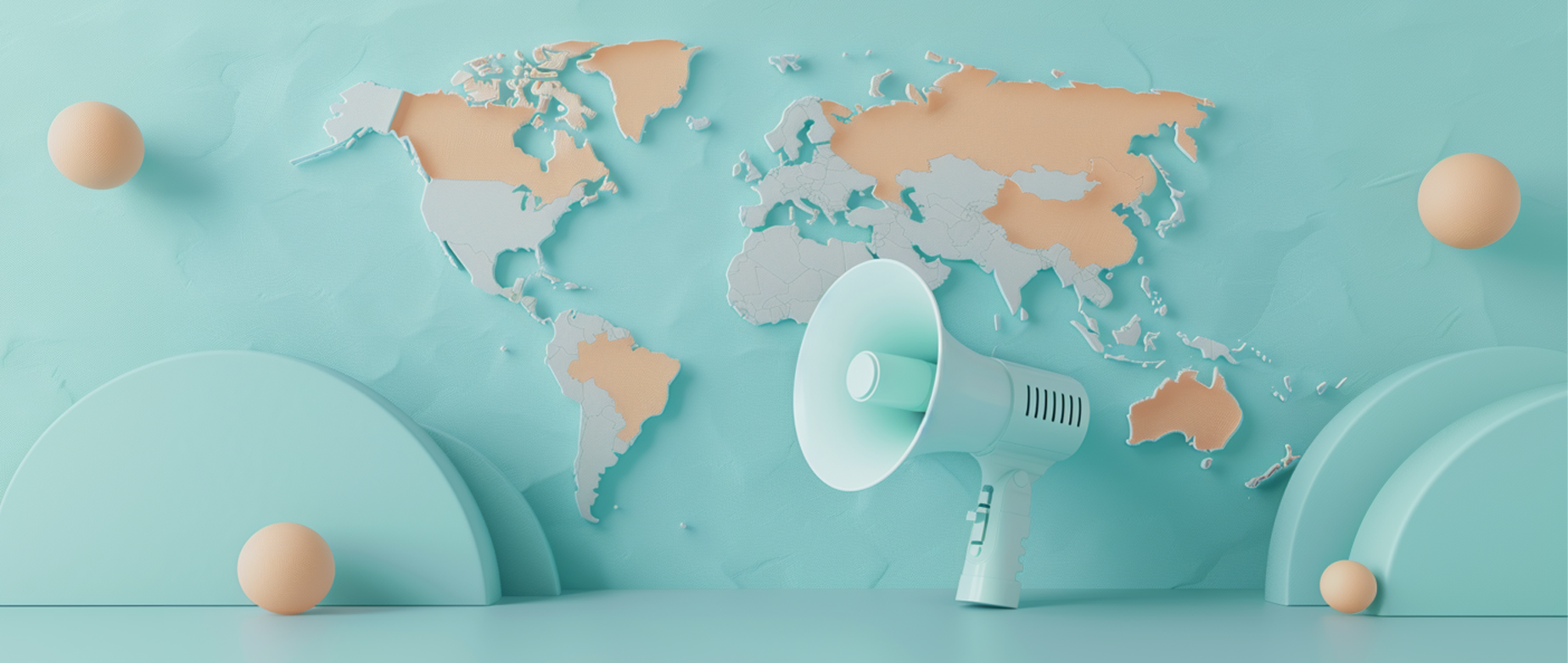 A megaphone in front of a world map on a light blue background.