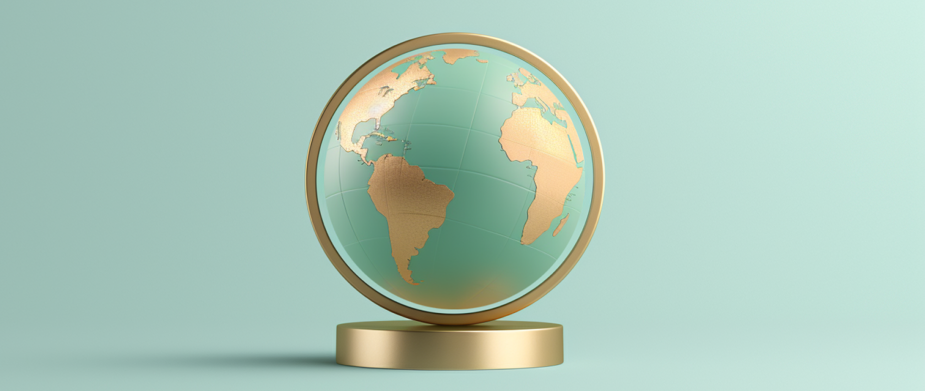 A blue and gold globe on a gold stand on a light blue background.