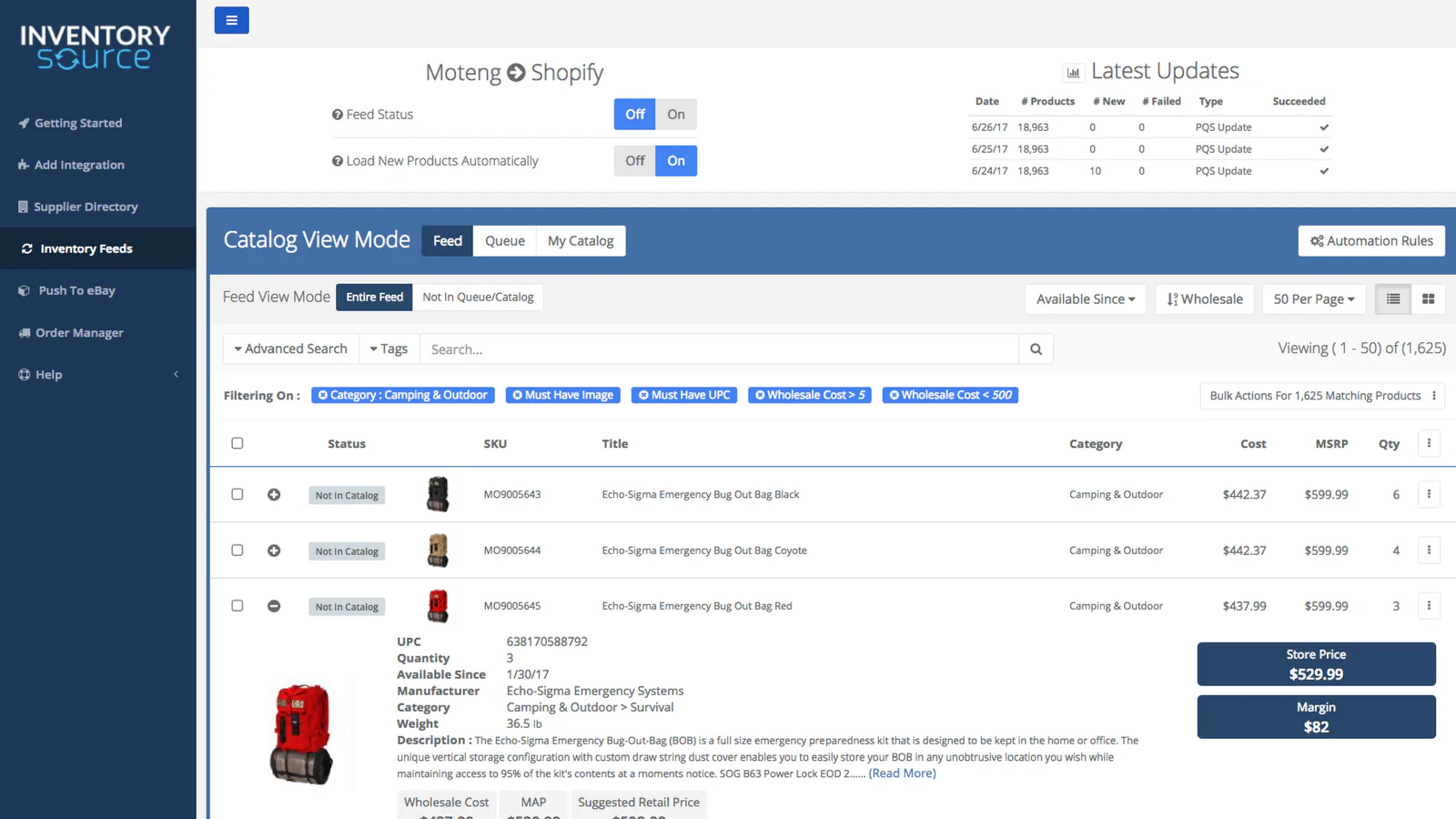 A view of Inventory Source dropshipping software, showing bugout backpack product listings.