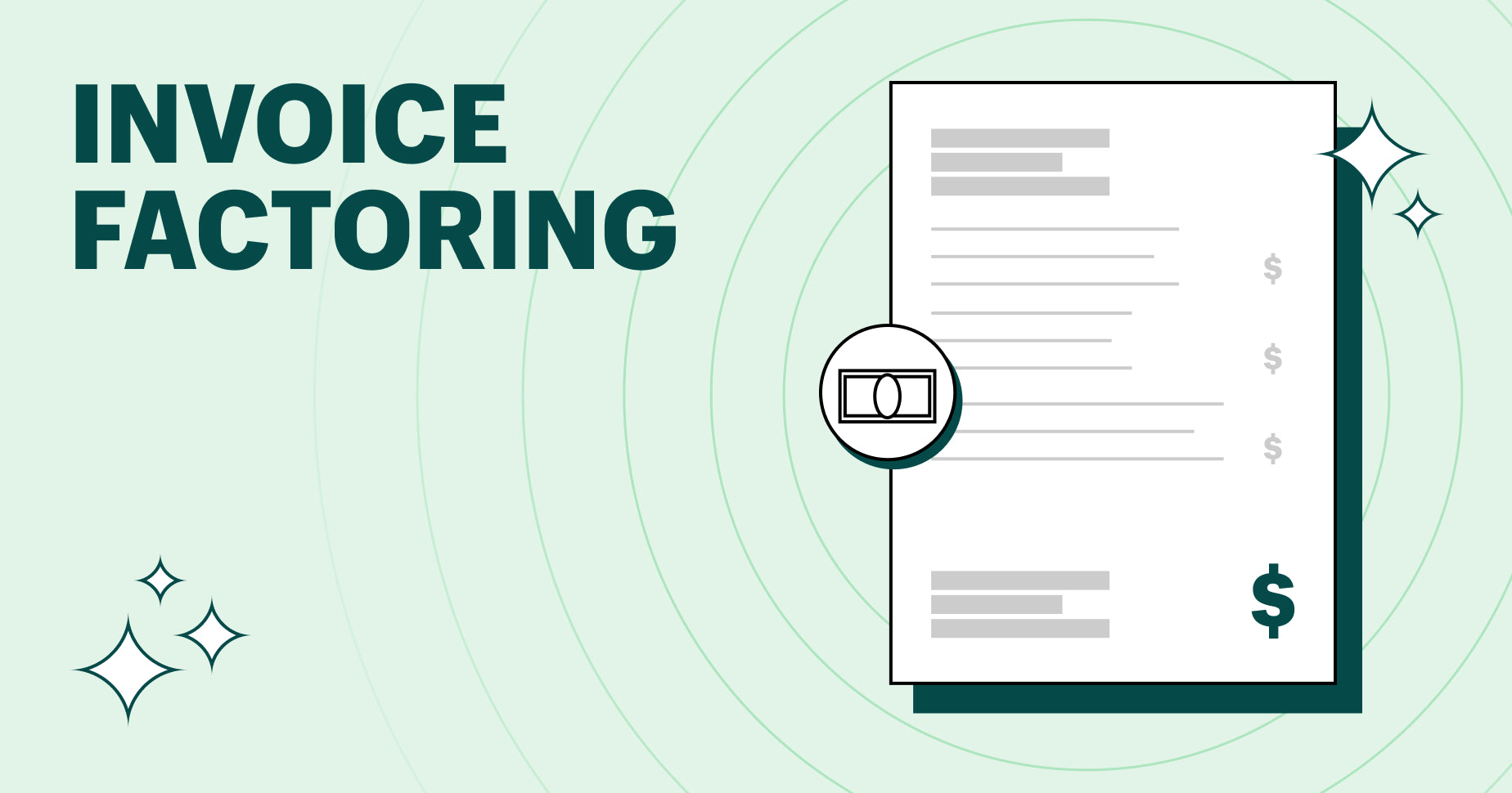 invoice factoring on left and silhouette of invoice and currency on right