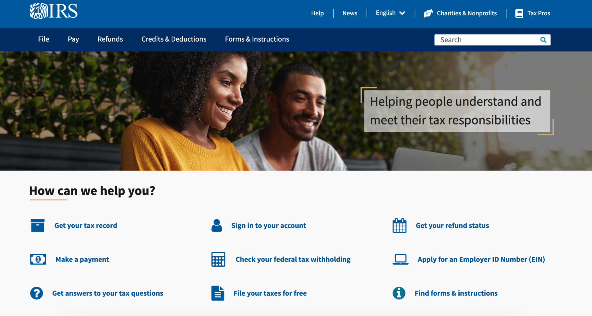 IRS homepage shows how they can help people, from getting their tax record to making a payment.