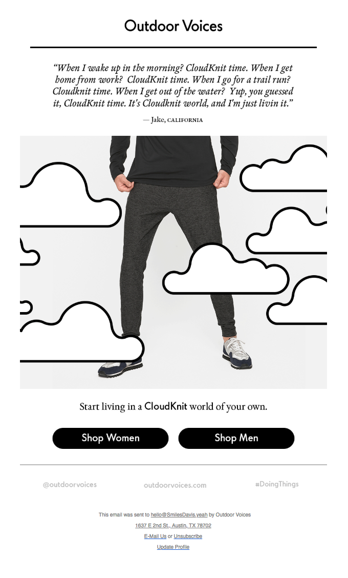 An example of an email a win-back campaign series from Outdoor Voices showing their cloudknit clothing. Image via Really Good Emails.