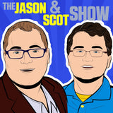 The logo for the Jason and Scot Show. Purple background with yellow text and cartoon images of the hosts, Jason Goldberg and Scot Wingo.