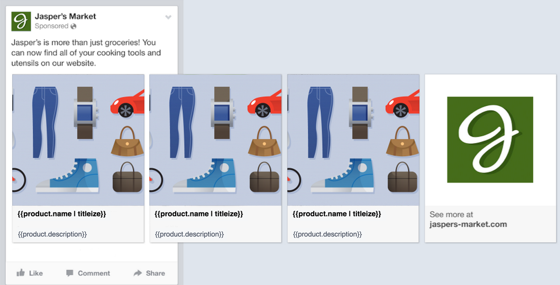 Dynamic ads are shown with variable commands to populate product images, titles, and descriptions.