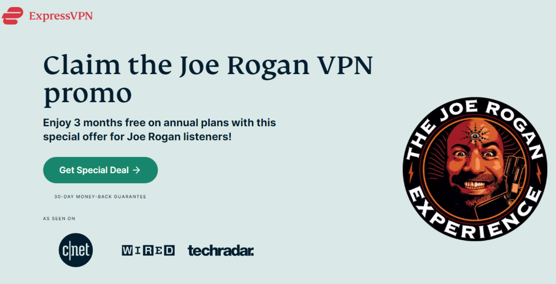 The Joe Rogan Experience podcast logo beside a button to receive a discount for a software product.
