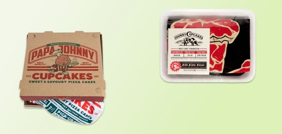 Two creative T-shirt packages, one resembling a pizza box, the other a shrink-wrapped meat product.
