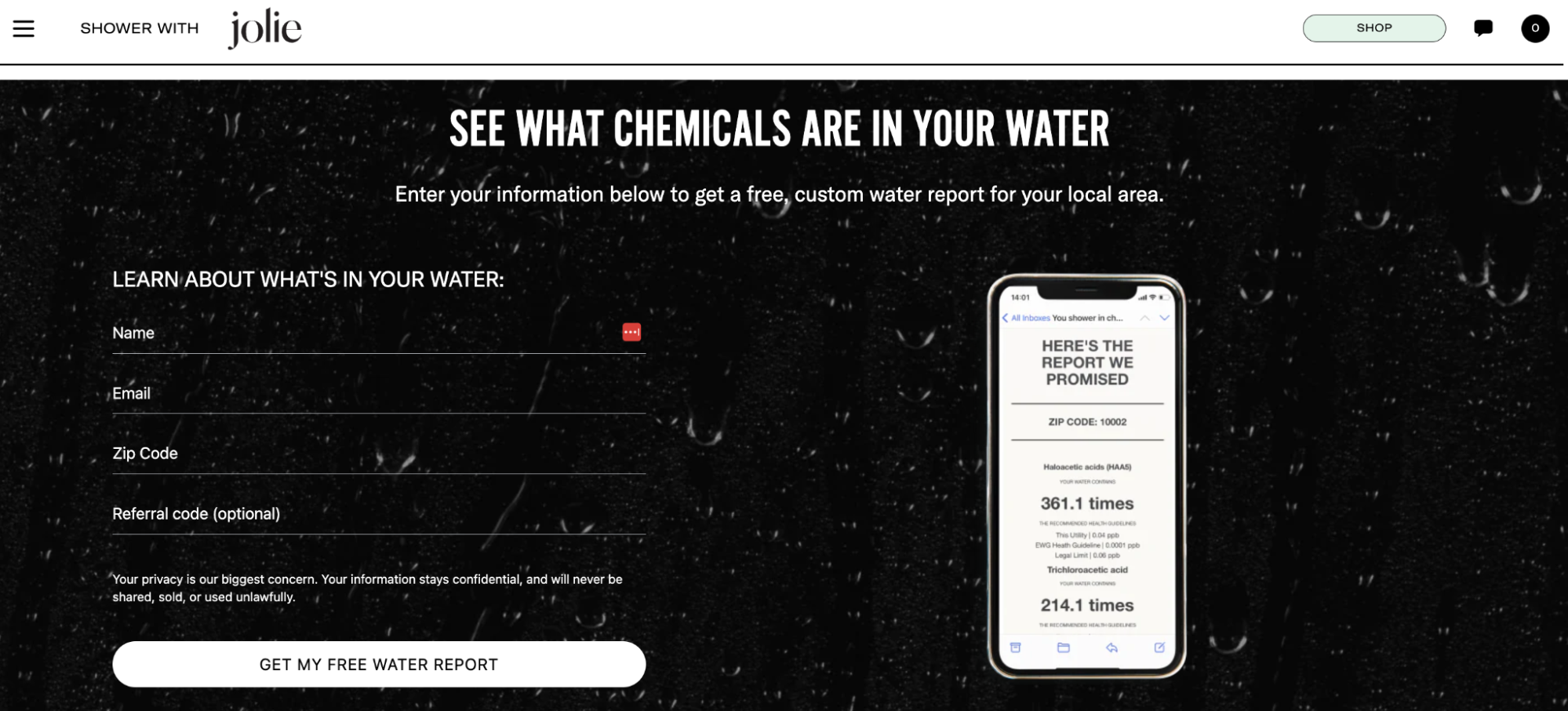 Landing page for Jolie’s water report.