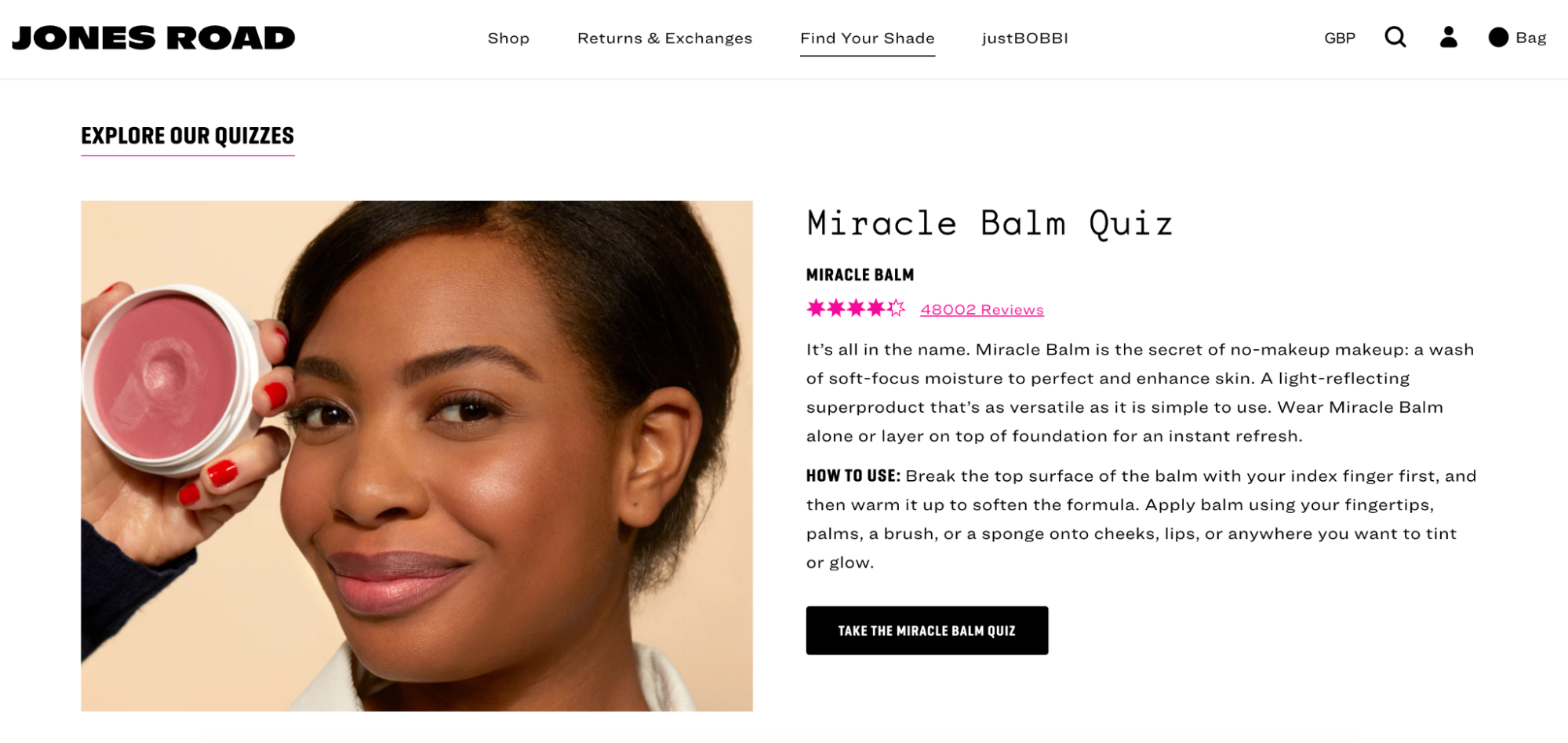 Quiz landing page for Jones Road Beauty’s miracle balm with a call-to-action button.