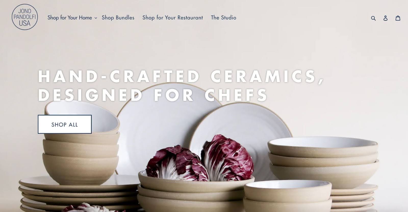 Jono Pandolfi USA homepage image of plates and bowls with text overlay of tagline.