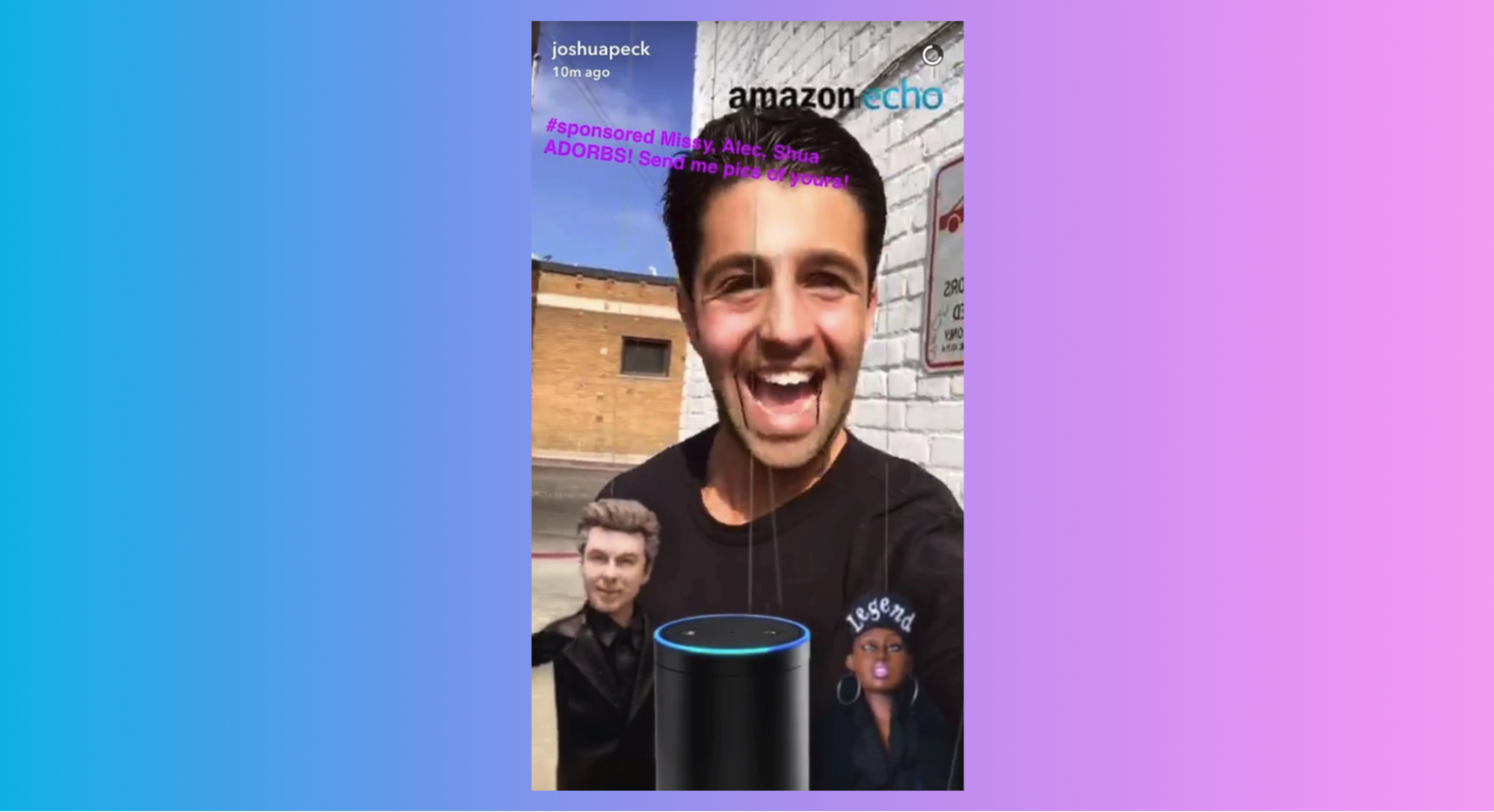 A still from a Snapchat partnership between Amazon Echo and Joshua Peck showing the influencer smiling behind an Amazon Echo unit.