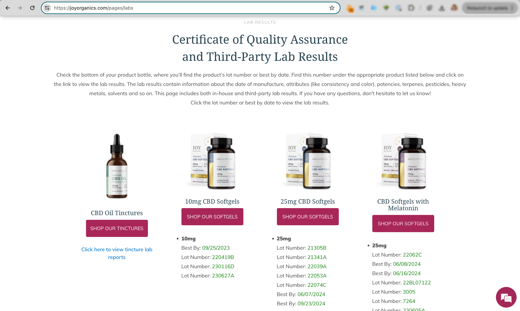 Web page with an archive of lab test reports for a range of Joy Organic CBD oils and capsules.