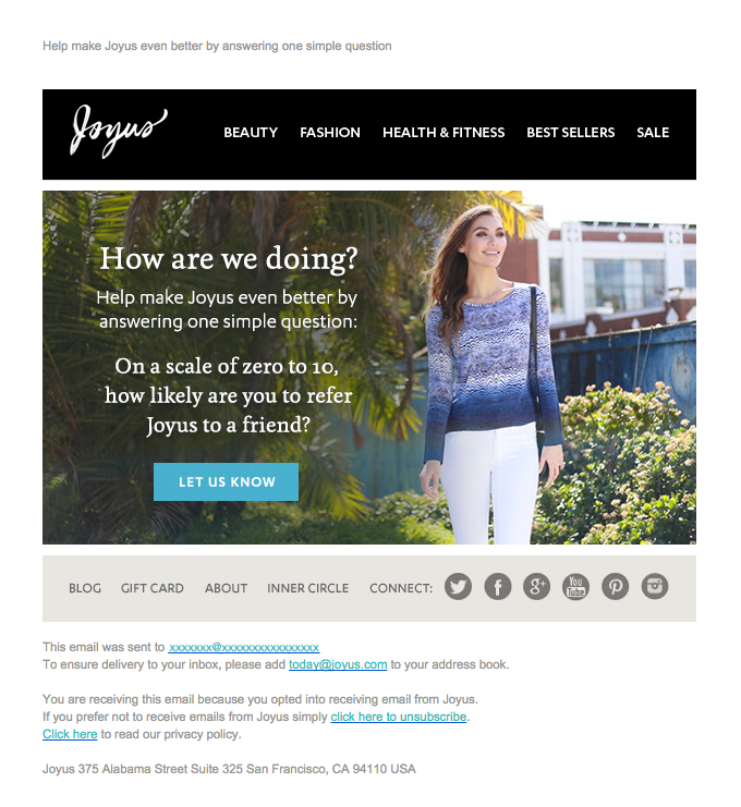 Net promoter score email from Joyus.
