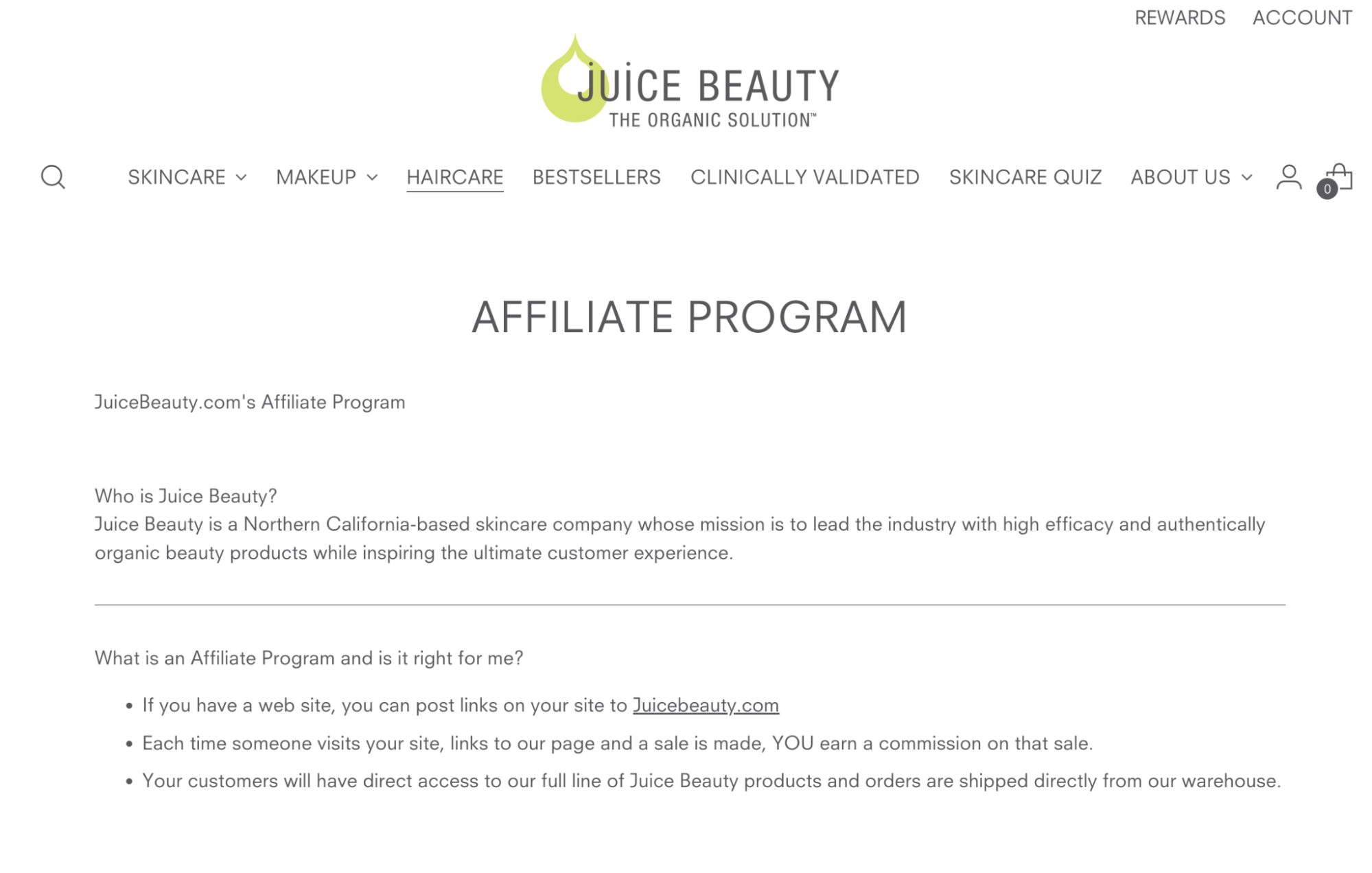 A screenshot of the Juice Beauty affiliate signup page.