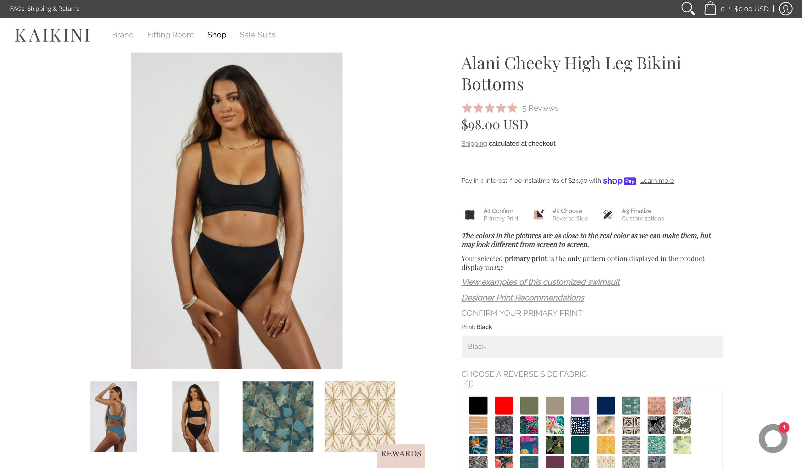 A product page on swimwear brand Kaikini's website, demonstrating custom options