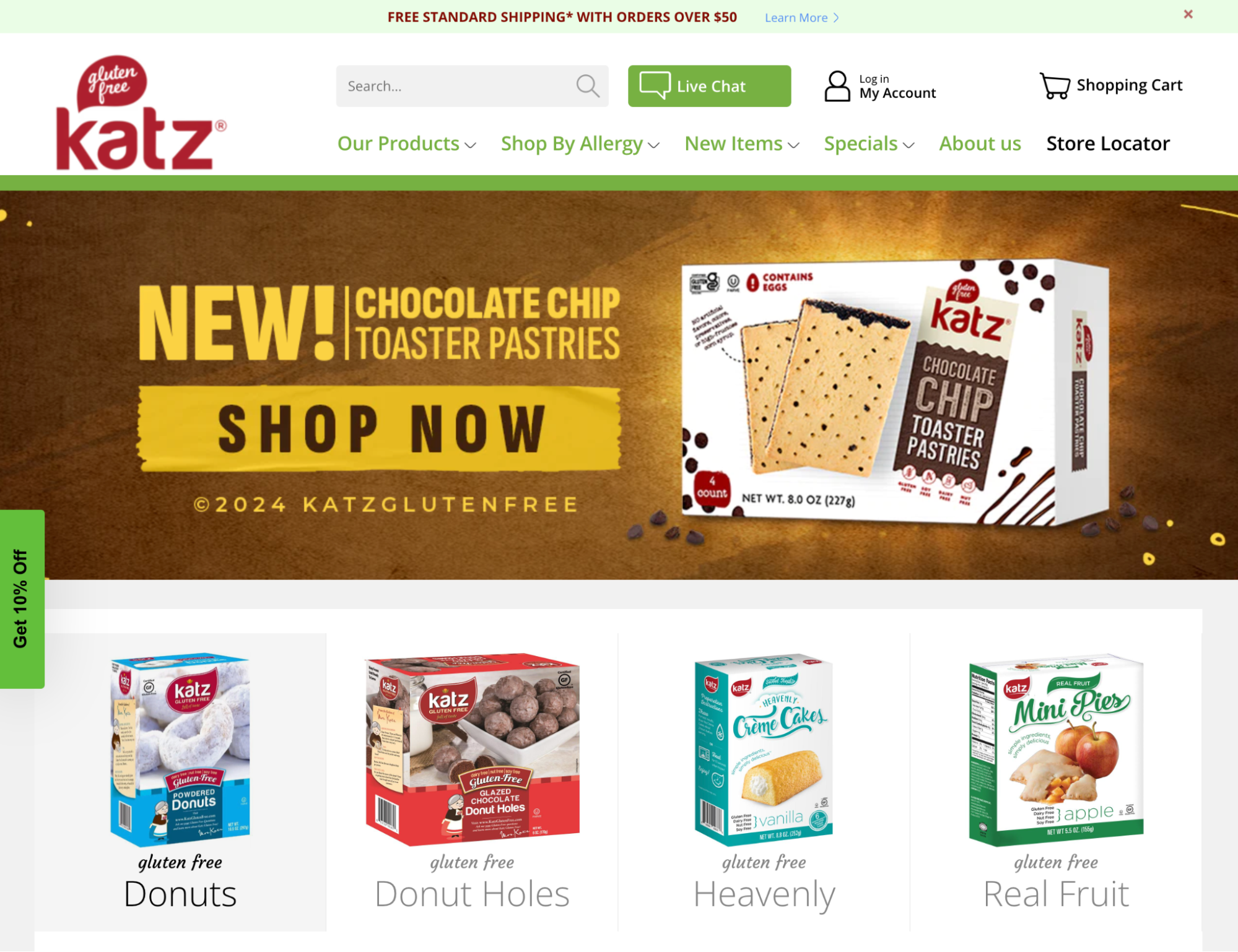 Katz Gluten Free homepage featuring baked good products like donuts, fruit pies, and creme cakes.