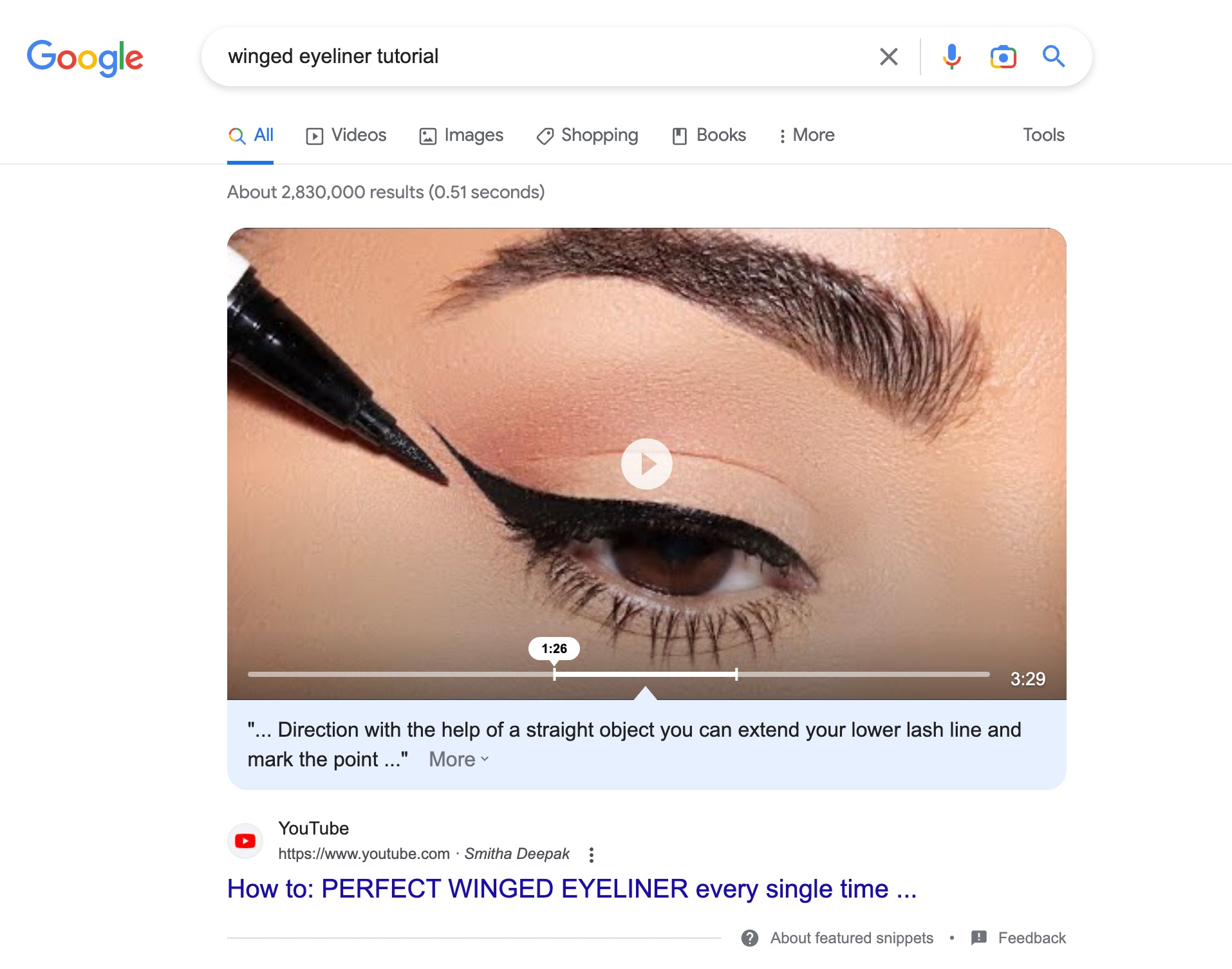 Screengrab of a Google search for winged eyeliner tutorial featuring a video as the top result