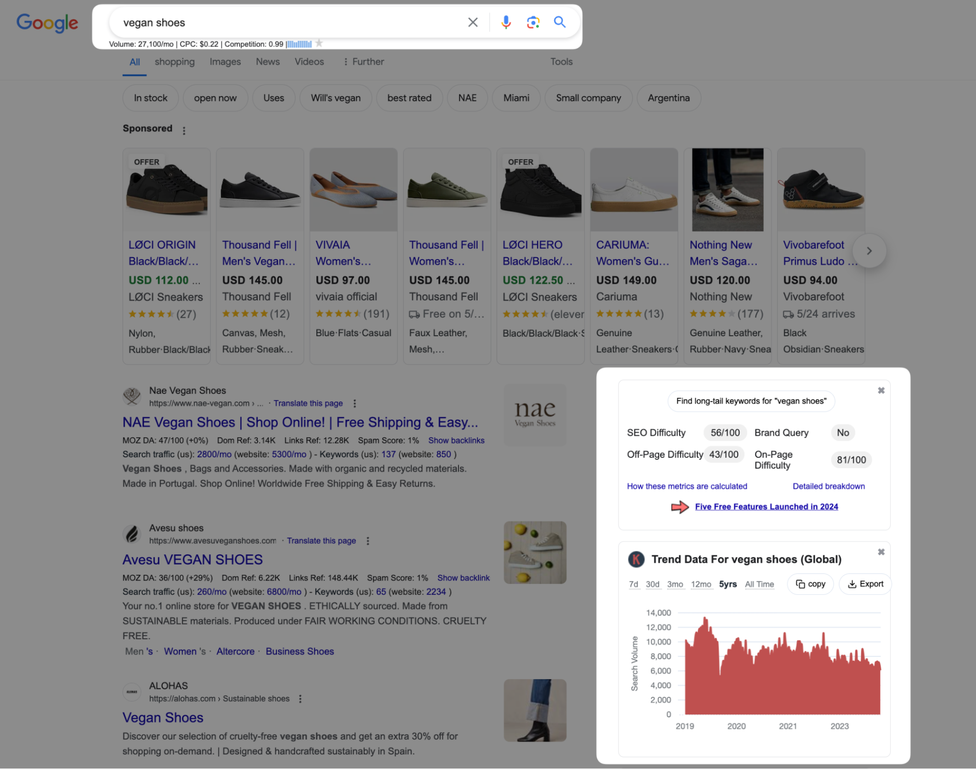 Google search for "vegan shoes" with product listings, trend data, and keyword difficulty.