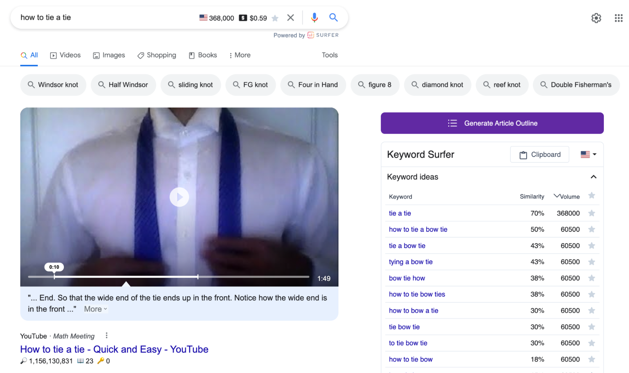 Google search showing a video tutorial on how to tie a tie with related keyword suggestions.