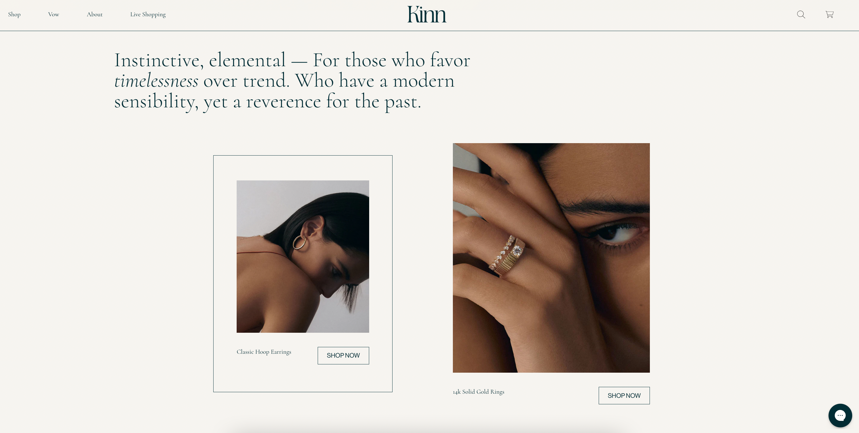 Kinn's homepage that explains the brand's values with prompts to shop now 