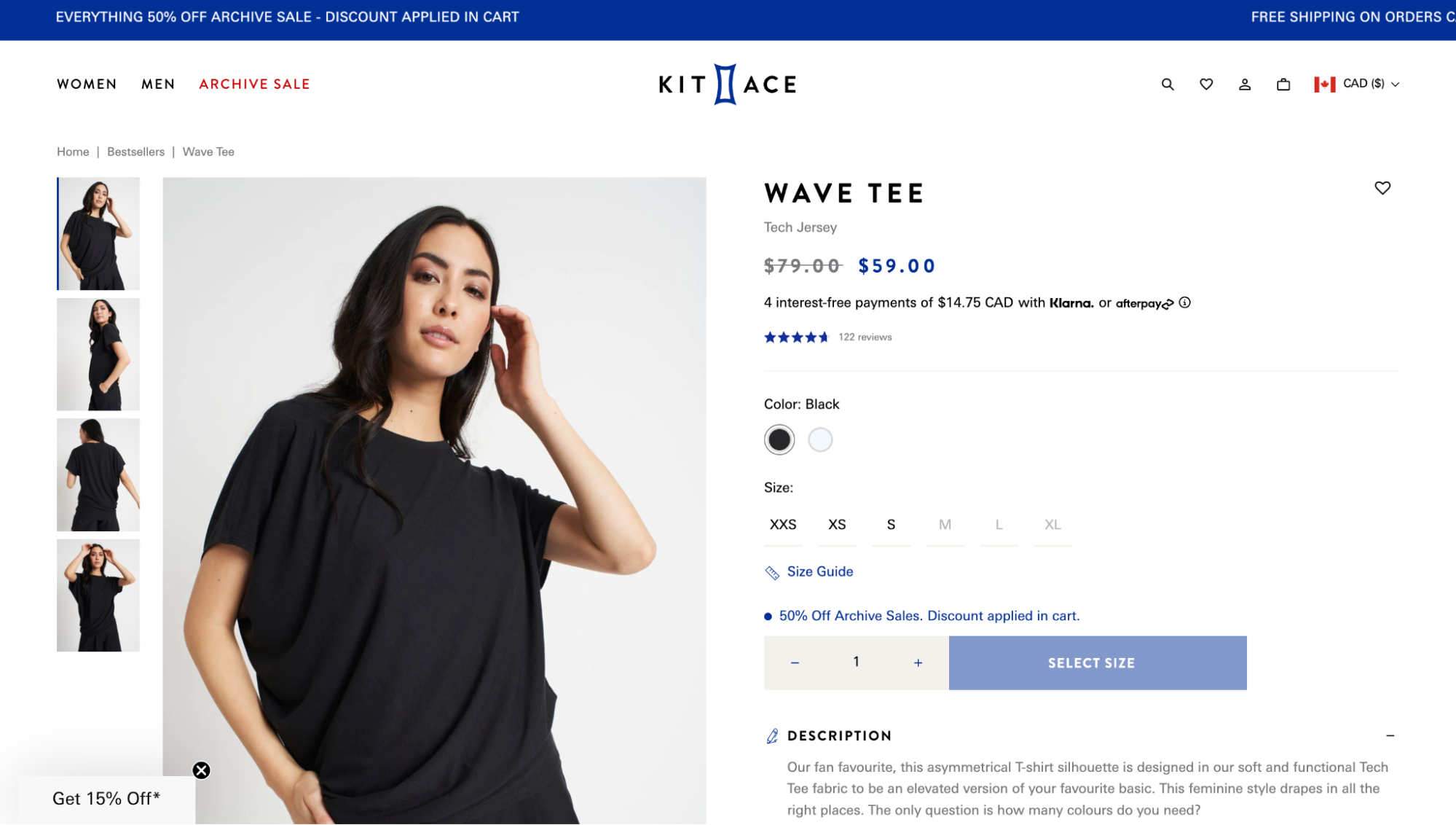 A product page for a t-shirt includes subtle discount incentives in its minimal design.