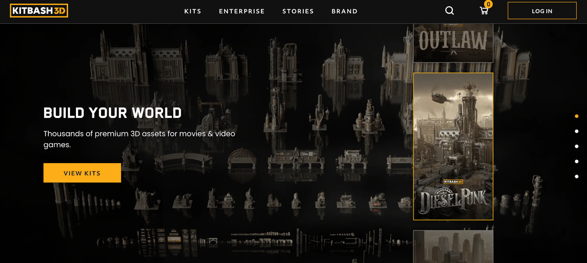 The homepage of video game asset library, Kitbash 3D.