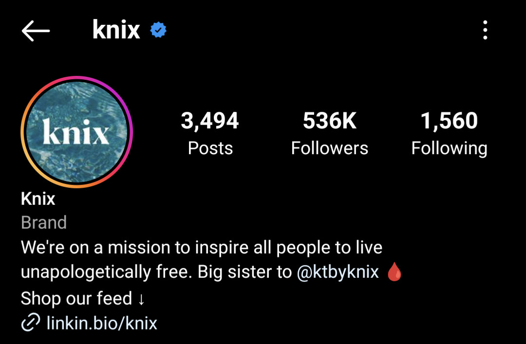 screenshot of Knix Instagram bio