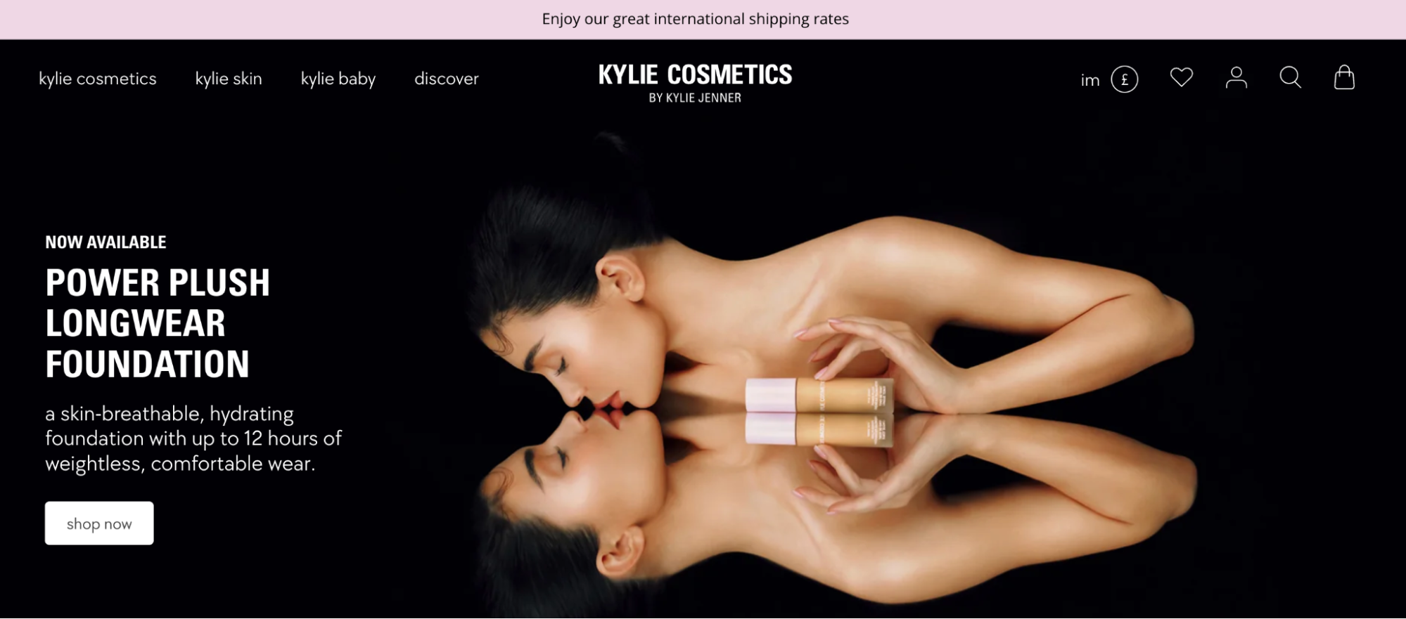 Kylie Cosmetics website banner featuring the influencer kissing her reflection and highlighting her longwear foundation.