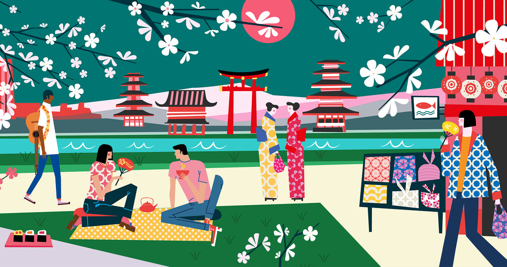 An illustration of a scene in Kyoto. A man carries a guitar (left), a couple has a picnic (foreground), a pair of ladies are dressed in kimonos (center), and a lady carries a purse and fan (right).