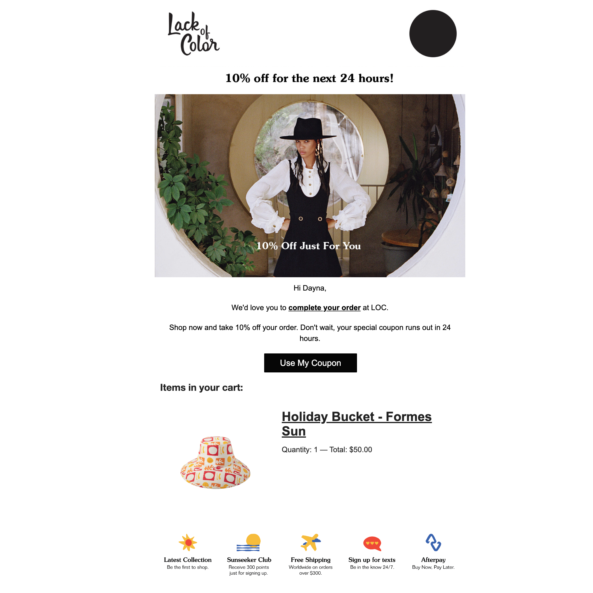 Marketing email by hat company Lack of Color