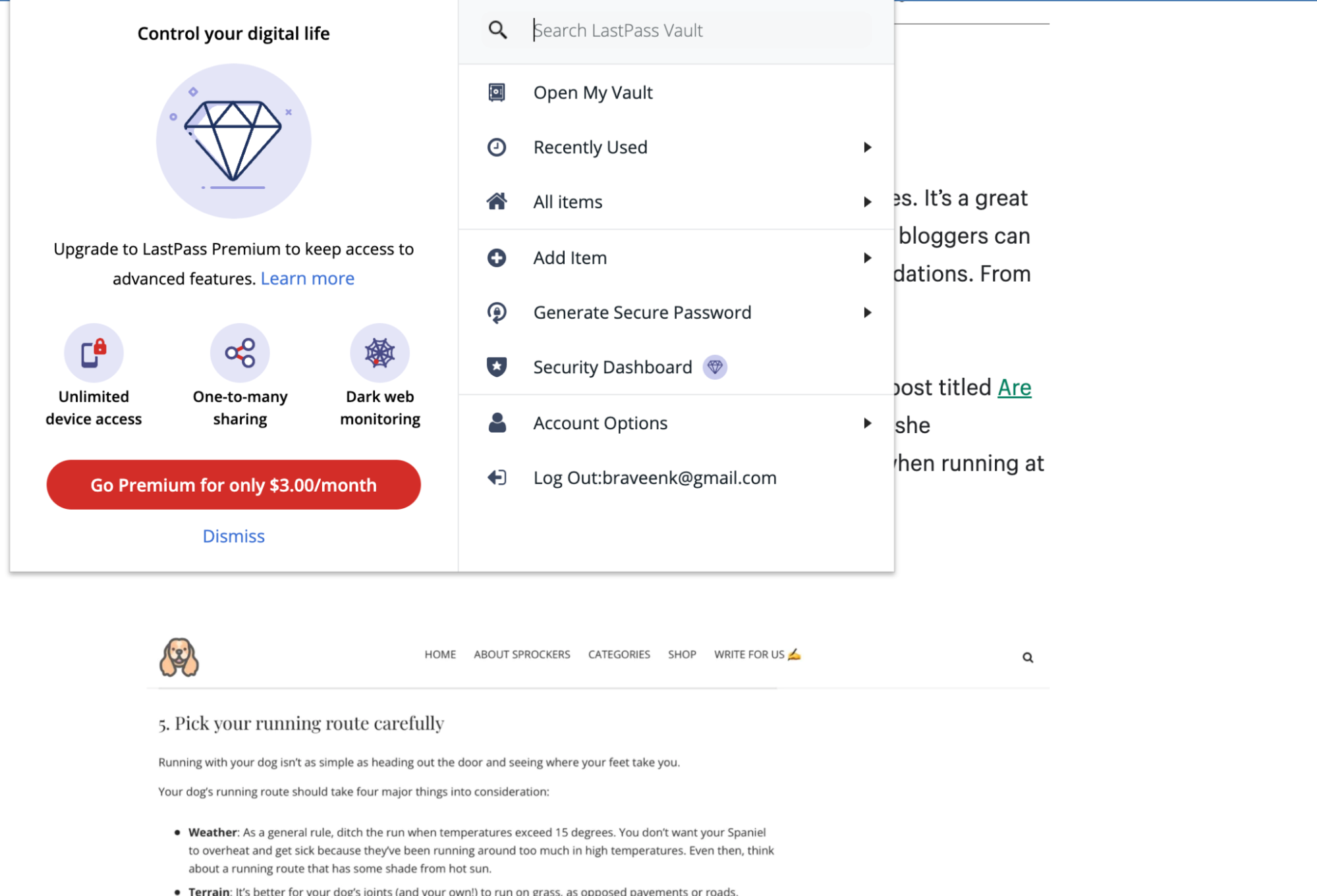 LastPass Vault with options for generating passwords, security dashboard, and settings.