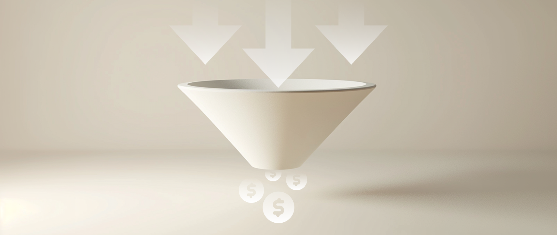 An animated image of three arrows pointing into a funnel with dollar signs falling out.