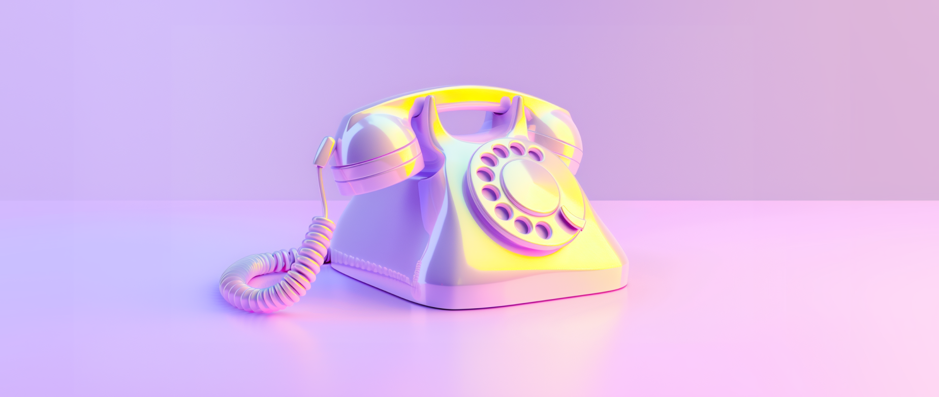 A rotary telephone with a dial on a pink background.