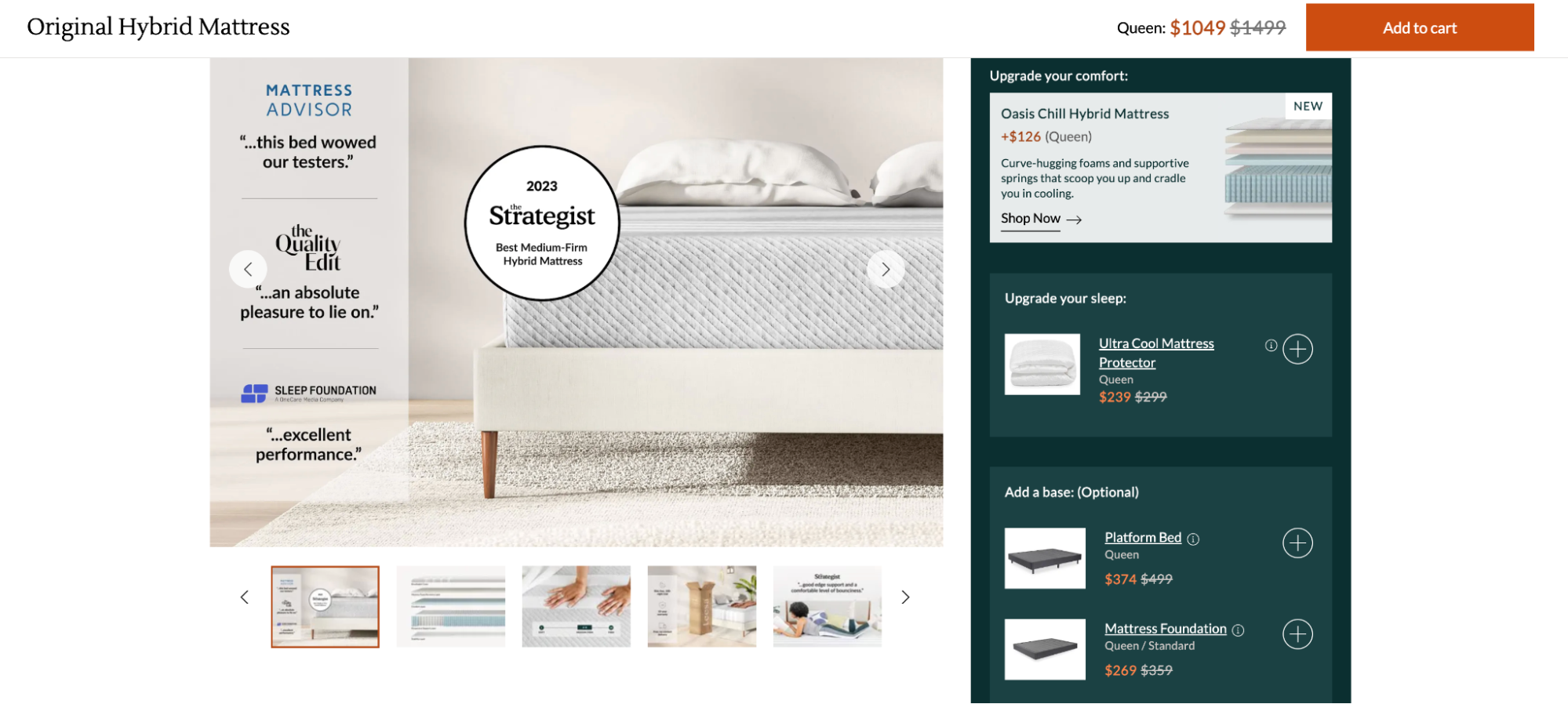 The product page for Leesa’s hybrid mattress encourages users to add complementary products to their cart.