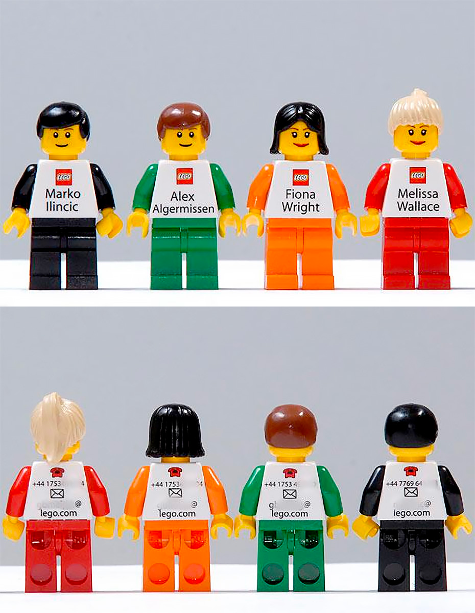 4 Lego characters pictured from the front and back showing the contact details of Lego employees.