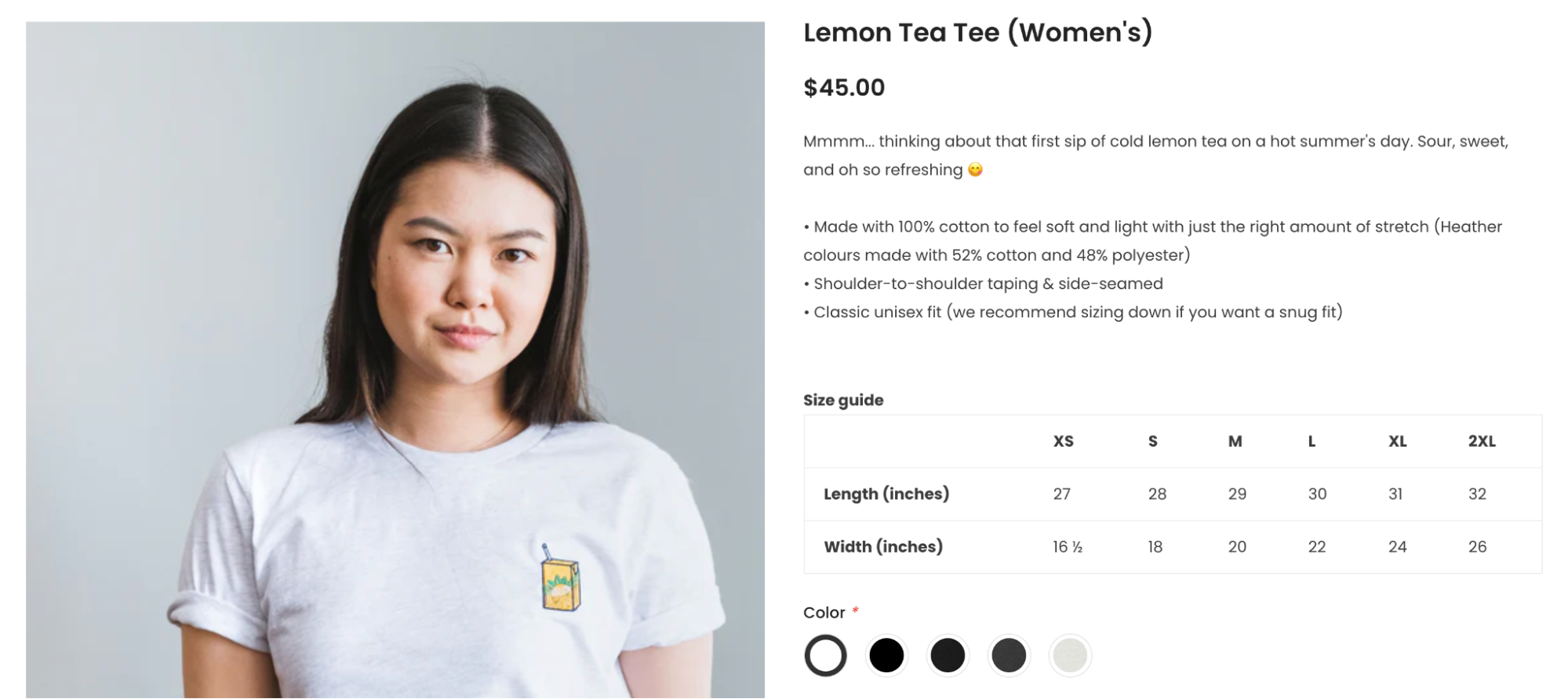 A product page for a white t-shirt with a juice box graphic shows a sizing chart.