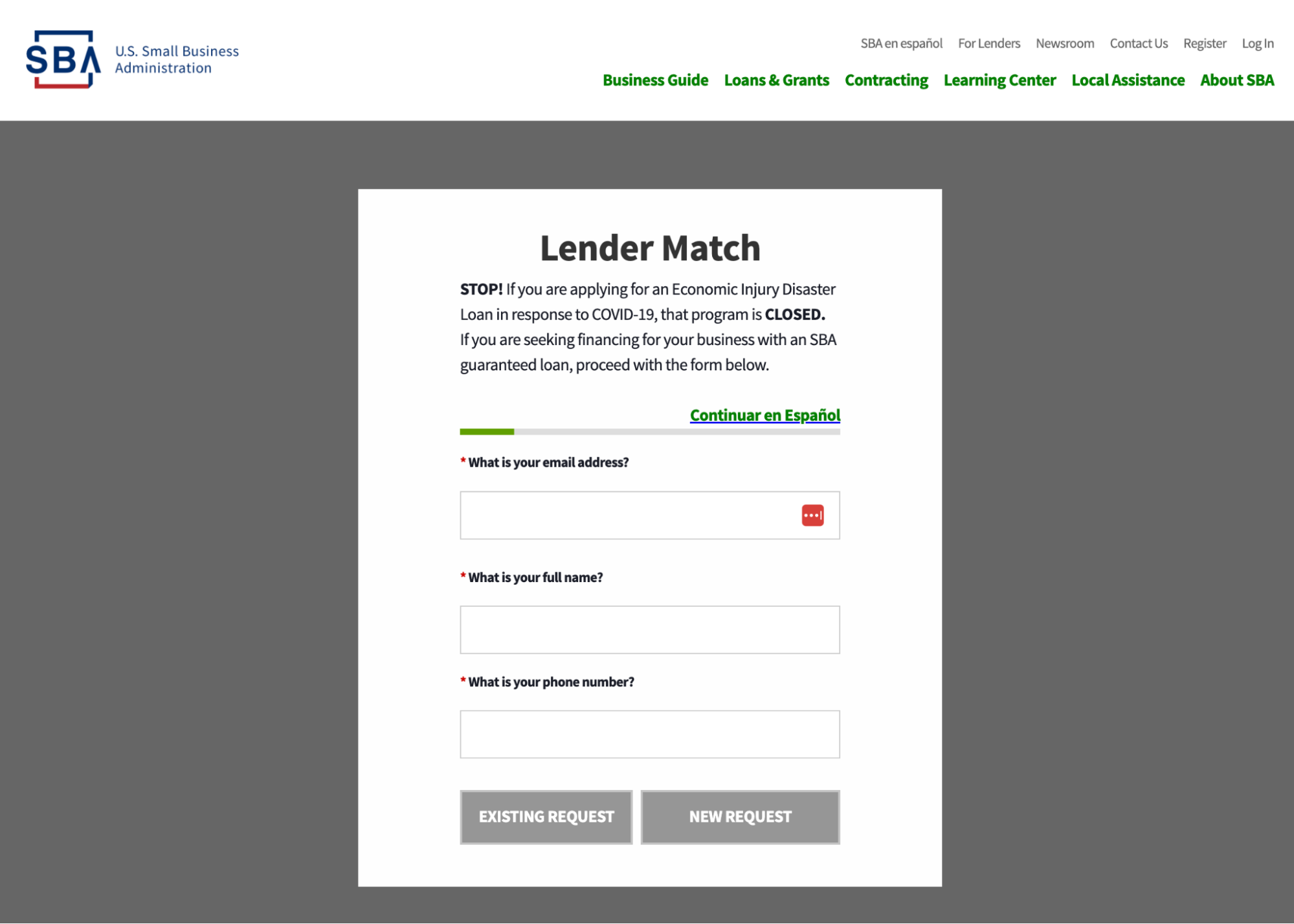 SBA loan lender match tool