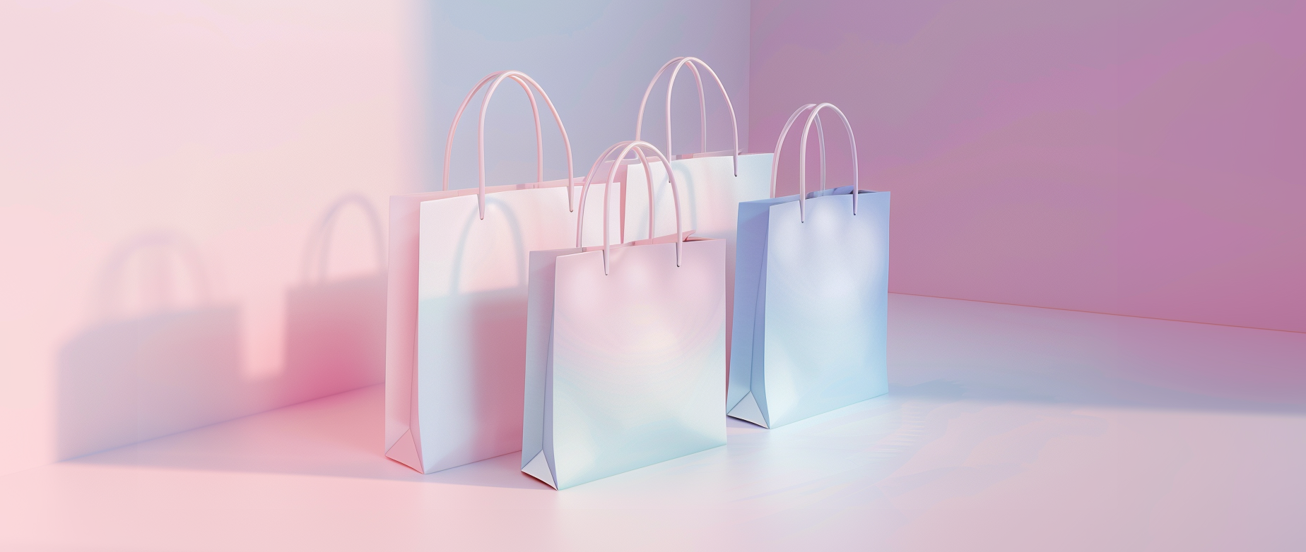 Four white shopping bags in a corner with pink and blue lighting.