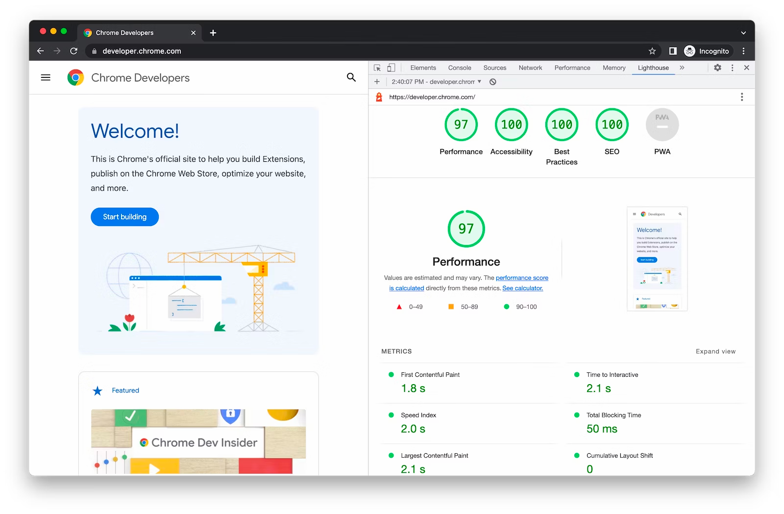 An example of Google Lighthouse for chrome, showing scores for web page factors like SEO and Performance.