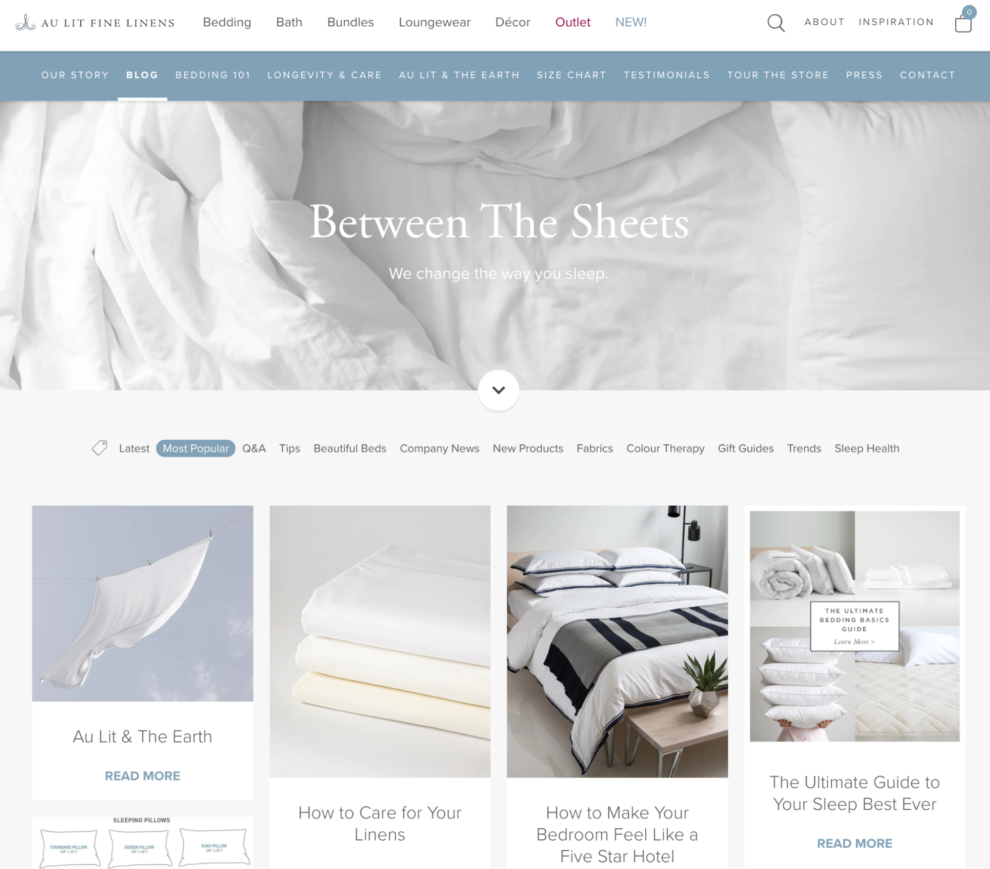 Blog landing page for Shopify merchant Au Lit Fine Linens