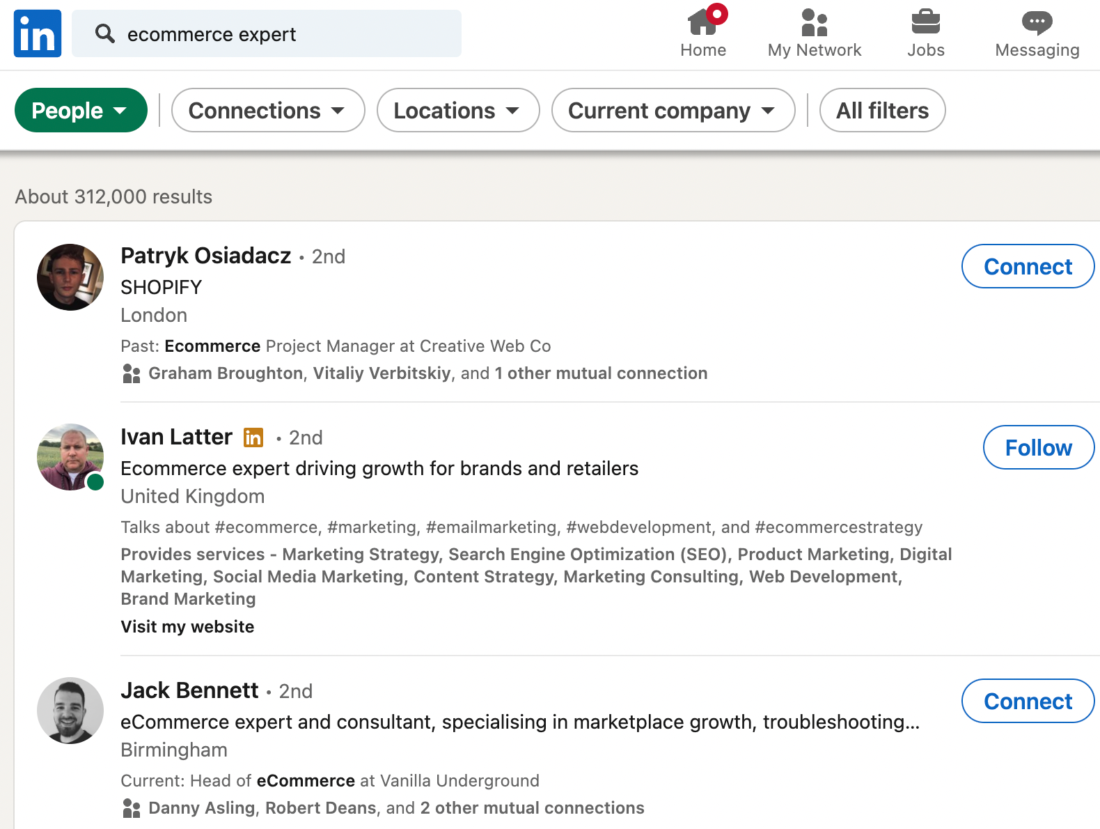 A screenshot of a LinkedIn search featuring ecommerce experts