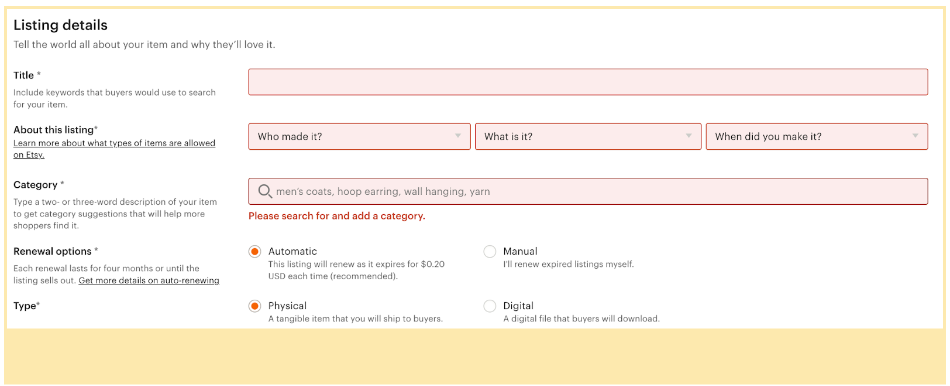 Screenshot showing how to add your listing details to Etsy.