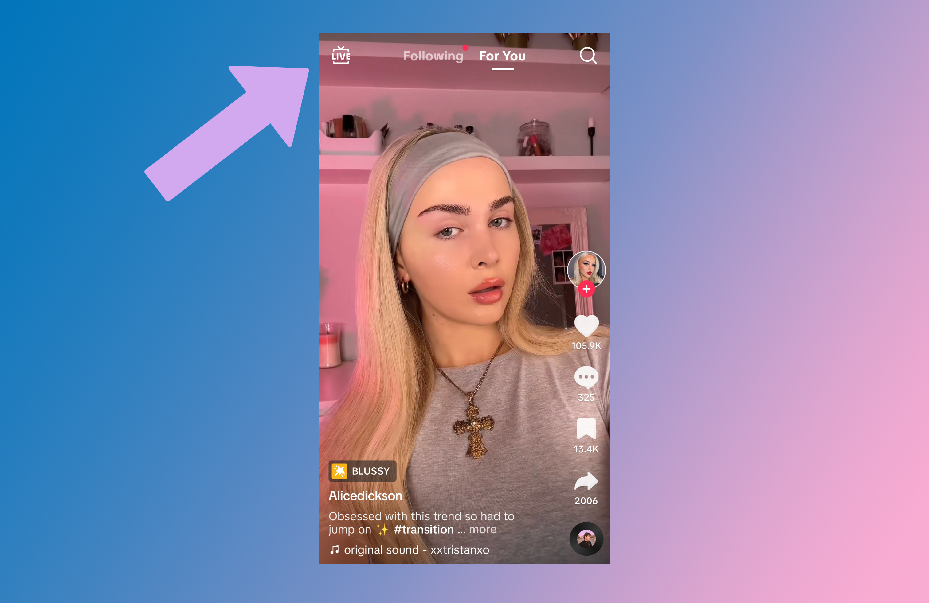 Demo of a TikTok screen showing the position of the Live button