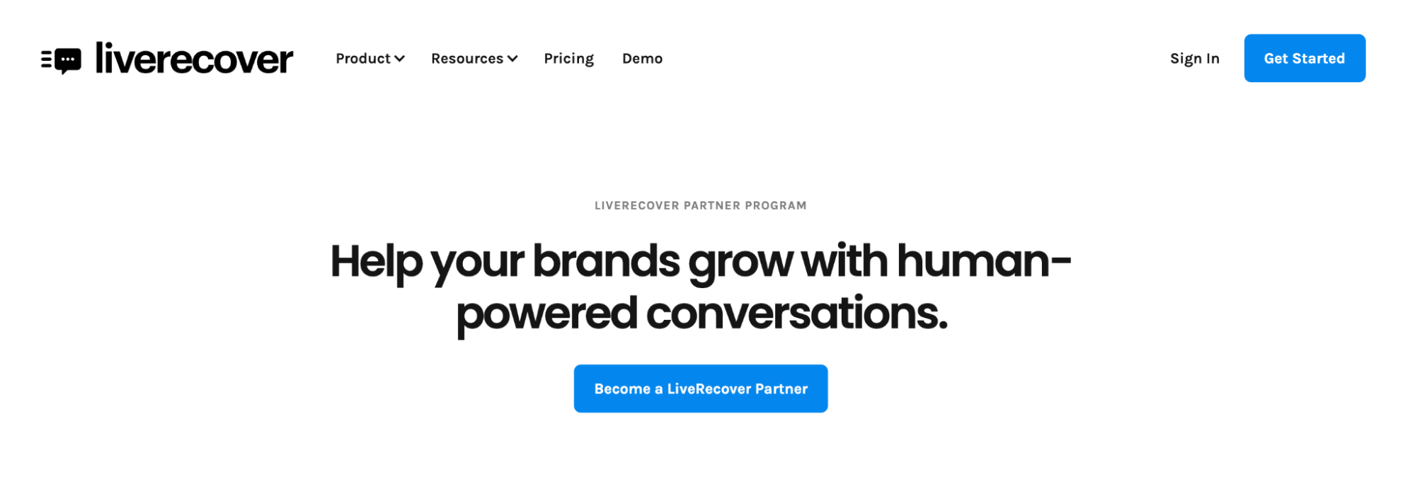 Screenshot of Live Recover’s website with the headline, “Help your brands grow with human-powered conversations.”