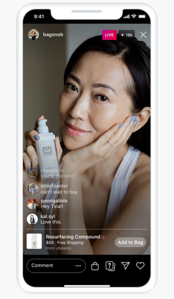 Screenshot of a live shopping video on Instagram showing a woman holding a bottle of resurfacing compound while looking directly at the camera.