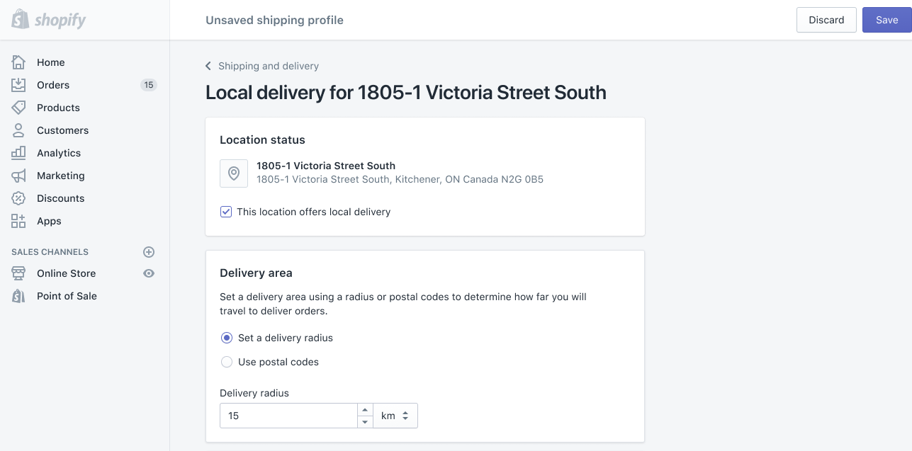 Set the area radius for your local delivery in Shopify so local customers can collect products from your business