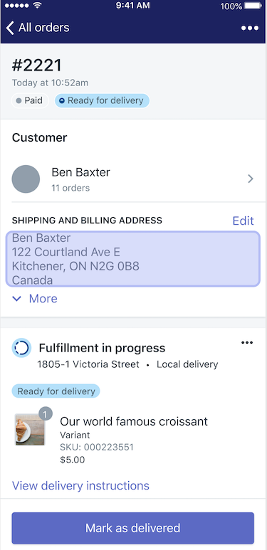 Het klantadres voor lokale bezorgorders bekijken in de Shopify-app